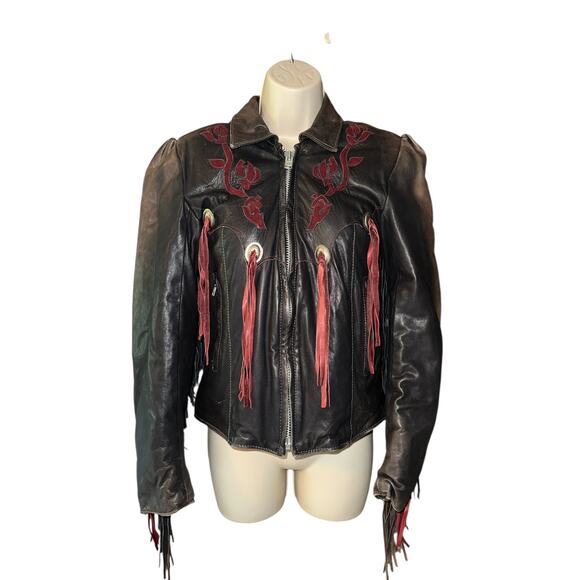 Vintage Dallas Leather Fringe Jacket Brown w/ Burgundy Rose Embroidery Size 10 - Picture 8 of 12